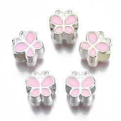 Pink Legierung Schmelz europäischen Perlen, Großloch perlen, cadmiumfrei und bleifrei, Antik Silber Farbe, Schmetterling, rosa, 10x9.5x7 mm, Bohrung: 4.5 mm