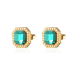 Настоящее золото 18K Квадратные серьги-гвоздики из нержавеющей стали со стразами, реальный 18 k позолоченный, 10.4x10.4 мм