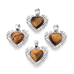 Платина Природных тигровый глаз подвески, подвески в форме сердца с латунной оправой, платина, 16.5x18x6~6.5 мм, отверстие : 4.5x2.5 мм