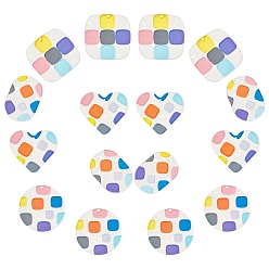 Mixed Color 16Pcs 4 Style Transparent Clear Acrylic Pendants, 3D Printed, with Film on the Back, Heart & Oval & Square & Flat Round with Square Pattern, Mixed Color, 37x41x2.5mm, Hole: 1.6mm