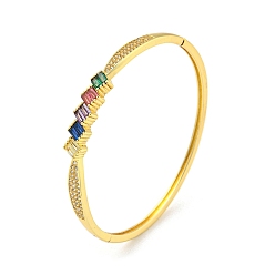 Golden Brass Micro Pave Clear Cubic Zirconia Hinged Bangles, Rhombus Colorful Glass Bangles for Women, Golden, Inner Diameter: 2 x 2-1/4 inch(5.1x5.55cm)
