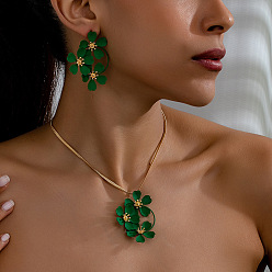 Зеленый Наборы из цветочных железных сережек-гвоздиков и ожерелий с подвесками для женщин, зелёные, 360 мм