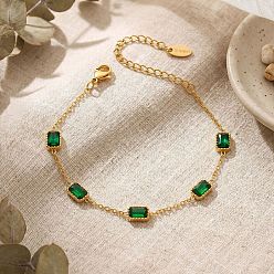Golden 304 Stainless Steel Pave Green Cubic Zirconia Rectangle Link Chain Bracelets for Women, Golden, 5.91 inch(15cm)