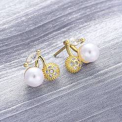 Настоящее золото 18K Серьги-гвоздики из вишневой латуни с микропаве из кубических цирконий, с пластмассовой жемчужиной abs, долговечный, без свинца и без кадмия, реальный 18 k позолоченный, 10x11 мм