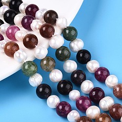 (52) Непрозрачная лаванда Нити рифленых бусин из натурального белого нефрита круглой огранки и натурального культивированного пресноводного жемчуга в форме картофеля, разноцветные, 8~9 мм, отверстие : 1.2 мм, Жемчужина: 6~8x6~10 мм, отверстие : 0.7 мм, около 27 шт / нитка, 7.87~8.07 дюйм (20~20.5 см)