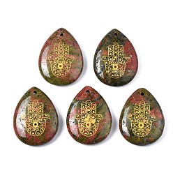 Унакит Природные подвески Unakite, слеза с узором в виде руки хамса, 32~33.5x25~26x6.5~7.5 мм, отверстие : 2 мм, 6 шт / пакет