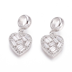 Platinum Brass Micro Pave Clear Cubic Zirconia European Dangle Charms, Large Hole Pendants, Heart, Platinum, 23mm, Hole: 5mm, Heart: 14x12x3mm