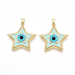 Бледно-бирюзовый Латунь эмаль подвески, без кадмия и без свинца, звезда с чарами от сглаза, со стеклом, реальный 18 k позолоченный, бледные бирюзовая, 25x23x5~5.5 мм, отверстие : 2.5~3x5 мм