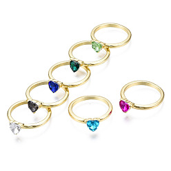 Mixed Color Rack Plating Alloy Cubic Zirconia Finger Rings, Solitaire Ring, Solitaire Ring, Cadmium Free & Lead Free, Heart, Light Gold, Mixed Color, US Size 7 1/2(17.7mm)