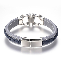 Light Steel Blue Men's Braided Leather Cord Bracelets, with 304 Stainless Steel Findings and Magnetic Clasps, Light Steel Blue, 8-5/8 inch(220mm)