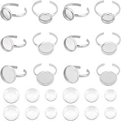 Нержавеющая Сталь Цвет Набор для самостоятельного изготовления плоских круглых манжетных колец, включая компоненты колец манжеты из нержавеющей стали, Кабошоны из стекла, цвет нержавеющей стали, 304 шт / коробка
