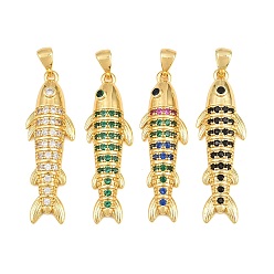 Color mezclado Micro latón allanan colgantes cúbicos del zirconia, encantos de pescado, sin plomo y cadmio, chapado en rack, larga duración plateado, real 18 k chapado en oro, color mezclado, 35x10.5x4 mm, agujero: 3x5 mm
