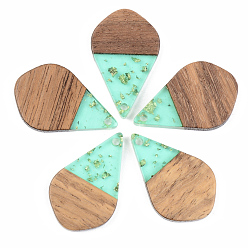Pale Turquoise Transparent Resin & Walnut Wood Pendants, with Gold Foil, Teardrop, Pale Turquoise, 28x17.5x3mm, Hole: 1.8mm