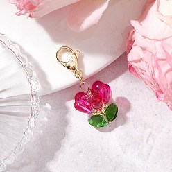 Средний Фиолетово-красный Подвесные украшения из стеклянных цветов, с 304 застежкой-карабином из нержавеющей стали, средне фиолетовый красный, 39.5 мм