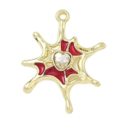 Красный Подвески из сплава со стразами на Хэллоуин, Эмаль стиле, паутины, золотые, красные, 28x20.5x3 мм, отверстие : 1.6 мм