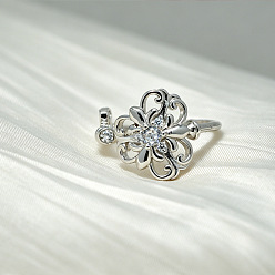 Platin Farbe Messing Micro Pave klare Zirkonia Manschette offene Ringe, Blume, Platin Farbe, Innendurchmesser: 15~20 mm