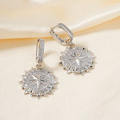 Серебро Латунные прозрачные кубические цирконии плоские круглые серьги-кольца со звездой, серебряные, 40x23 мм