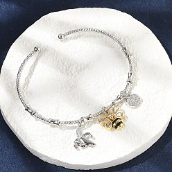 Платина Браслеты с подвесками из латуни с микропаве из прозрачных кубических цирконий для женщин, банан и пчела и яблоко, с эмалью, без свинца и без кадмия, долговечный, платина, внутренний диаметр: 2x2-1/8 дюйм (5x5.4 см)