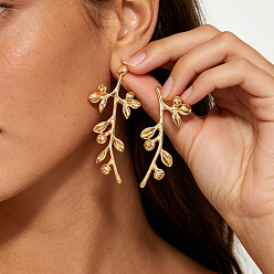 Golden Alloy Stud Earrings for Women, Leaf, Golden, 50x30mm