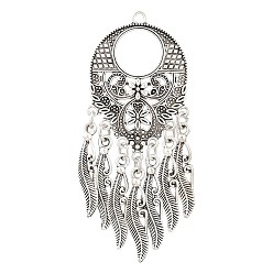 Antique Silver Tibetan Style Alloy Big Pendants, Ethnic Flower with Tassel Charms, Antique Silver, 67x28x4mm, Hole: 2.5mm