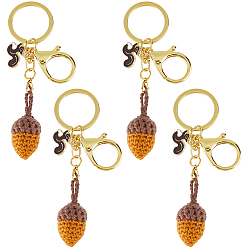 Golden 4Pcs Handmade Yarn Acorns with Alloy Enamel Squirrel Pendant Keychains, with Zinc Alloy Lobster Claw Clasps and Split Key Rings, Golden, 105mm