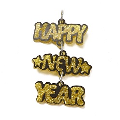 Золотистый Подвески из смолы, с платиновой железной петлей и пудрой с блестками, С Новым годом!, золотые, 43.5x29.5x2.5 мм, отверстие : 5.5 мм