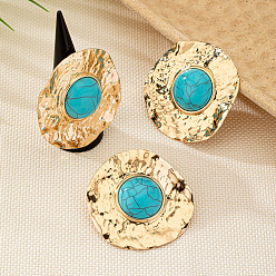 Золотой Комплекты из плоских круглых колец из сплава и синтетической бирюзы и сережек-гвоздиков, золотые, 50x50 мм