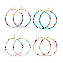 Mixed Color 4 Pairs 4 Colors Bohemian Style Miyuki Seed Beaded Hoop Earrings, Native American Tribal Style Earrings, Mixed Color, 74x72x17mm, 1 Pair/color