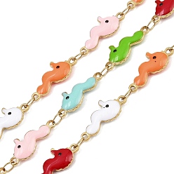 Настоящее золото 18K 304 Цепи из нержавеющей стали с эмалированными звеньями в виде морских коньков, пайки, ионное покрытие (ip), без свинца, без кадмии и без никеля, реальный 18 k позолоченный, 16x7x2.5 мм