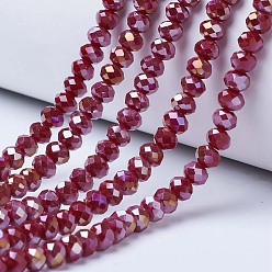 Brown Electroplate Glass Beads Strands, Opaque Solid Color, AB Color Plated, Faceted, Rondelle, Brown, 2.9~3.3x2mm, Hole: 0.8mm, about 145~150pcs/strand, 34~35cm