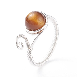 Tiger Eye Copper Wrapped Natural Tiger Eye Braided Bead Rings for Women Men, Silver, US Size 8 1/2(18.5mm), 2~9.5mm