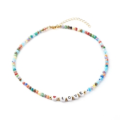 Colorful Beaded Necklaces, with Acrylic Beads, Brass Beads, Glass Beads, 304 Stainless Steel Findings & Brass Chain, Word Love, Colorful, 15.35 inch(39cm)