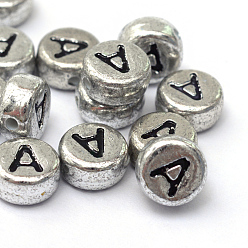 Letter A Plated Acrylic Horizontal Hole Letter Beads, Flat Round, Letter.A, 7x4mm, Hole: 1.3mm, about 3600pcs/500g