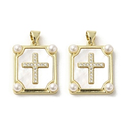 Rectangle Подвески из латунных ракушек, Религиозные подвески-крестики с искусственным жемчугом из пресса, реальный 18 k позолоченный, прямоугольные, 23x18x5 мм, отверстие : 3.5x4 мм