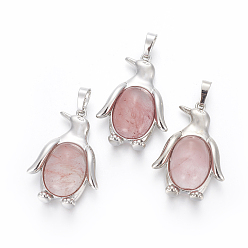 Вишневый Кварц Вишневое из кварцевого стекла подвески, с латунной фурнитурой , пингвин, платина, 34~35x24~25x5~8 мм, отверстие : 8x5 мм