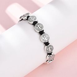 Черный Женский плетеный браслет из нейлоновой веревки, браслеты из сплава Святого Бенедикта, чёрные, внутренний диаметр: 1-7/8~3-5/8 дюйм (4.9~9.1 см)