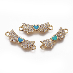Blue Brass Cubic Zirconia Links, Cadmium Free & Lead Free, with Synthetic Opal, Wing with Heart, Golden, Blue, 7x21x2mm, Hole: 1.6mm