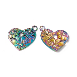 Rainbow Color Ionenbeschichtung (IP) 304 Edelstahlanhänger, Herz mit Blume, Regenbogen-Farb, 24x25x2.5 mm, Bohrung: 3 mm