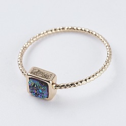 Blue Plated Natural Druzy Agate Finger Rings, with Brass Findings, Square, Light Gold, Blue Plated, US Size 7 1/4(17.5mm)
