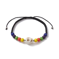 (404) Непрозрачное AB Кислое яблоко 6Браслеты из круглых крашеных синтетических бирюзовых бусин диаметром мм, регулируемые браслеты с черепом на Хэллоуин для женщин, цветочный белый, внутренний диаметр: 2-1/8~3-1/4 дюйм (5.4~8.3 см), круглый : 6 мм