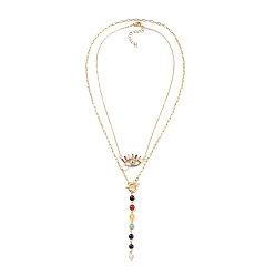 Golden Chakra Jewelry, Pendant Necklace Sets, with Brass Cable Chains, Eye Brass Micro Pave Cubic Zirconia Pendant, Natural Gemstone Beads and 304 Stainless Steel Clasps, Golden, 18.11 inch(46cm), 22.12 inch(56.2cm), 2pcs/set