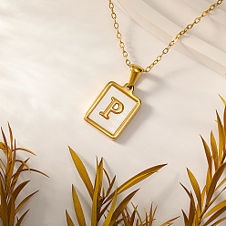 Letter P Прямоугольник 304 ожерелья с инициалами из нержавеющей стали с натуральным белым ракушечником для женщин, реальный 18 k позолоченный, Письмо P, 15.75 дюйм (40 см)