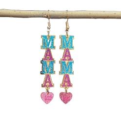 Разноцветный Акриловые серьги-подвески ко Дню матери, Слово мама, золотые, красочный, 85x13 мм