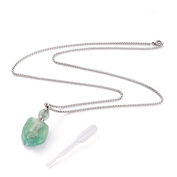 Stainless Steel Color Natural Fluorite Openable Perfume Bottle Pendant Necklaces, with 304 Stainless Steel Box Chains and Plastic Dropper, Nuggets, Stainless Steel Color, 27.75 inch(70.5cm), Bottle Capacity: 2~3ml(0.06~0.1 fl. oz)
