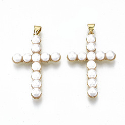 Real 16K Gold Plated Brass Pendants, with Jump Rings and ABS Plastic Imitation Pearl, Nickel Free, Cross, Real 16K Gold Plated, 40x27x6mm, Hole: 3x5mm