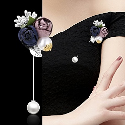 Морской Синий Сплава брошь, с имитацией жемчуга и тканевой фурнитурой, Marine Blue, 95x40 мм