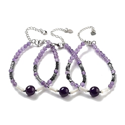 Аметист Женские круглые браслеты из натурального аметиста и синтетического немагнитного гематита и белых ракушек из бисера, 7-1/4 дюйм (18.5 см)