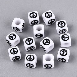 Black Opaque Acrylic Beads, Craft Beads, Cube & Peace Sign, Black, 6x6x6mm, Hole: 3.5mm, about 3125pcs/500g