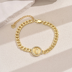 Плоский Круглый Браслеты с латунными звеньями из микропаве из прозрачных кубических цирконий на тему «девственная свадьба», кубинская цепочка ювелирные изделия для женщин, плоско-круглые, внутренний диаметр: 7-5/8 дюйм (19.5 см)