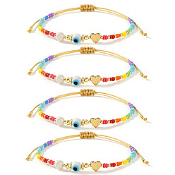 (52) Непрозрачная лаванда 4шт. браслеты из пластиковых бусин ручной работы для женщин, сердце и сглаз, с латунью и лампворком, разноцветные, внутренний диаметр: 11 дюйм (28 см)